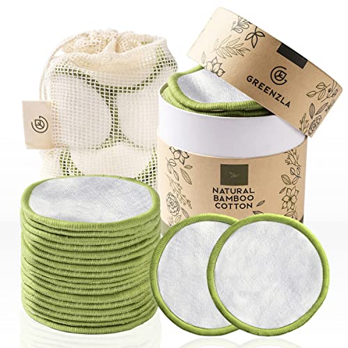 Greenzla Reusable Makeup Remover Pads (20 Pack) With Washable Laundry Bag And Round Box for Storage | Organic Bamboo Cotton Rounds For All Skin Types - Eco-Friendly Reusable Cotton Pads by WK Organics.