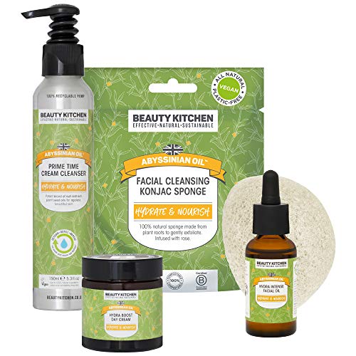 Beauty Kitchen Abyssinian Oil Complete Hydra Boost Kit for Face with Organic Ultra-Hydrating Plant Seed Oils - Vegan Day Cream/Cleanser/Oil/Sponge - Sustainable Vegan Gifts - Eco-friendly Products by WK Organics.