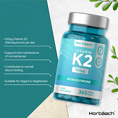 Vitamin K2 MK7 100mcg | 365 Vegan Tablets (not Capsules) | High Strength Menaquinone 200mcg Take 2 | Non-GMO