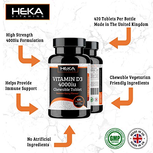 Vitamin D Chewable Tablets – 4000iu High Strength Vitamin D3 - Immune System Support - 420 Summer Berry Supplements - Suitable for Vegetarians - Adults High Dose - Easy Swallow at WK Organics UK online shop in: Health & Personal Care C