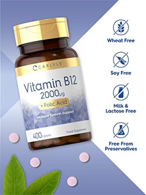 Vitamin B12 2000mcg | 400 Vegan Tablets| + Folic Acid | Pure Methylcobalamin B12 Supplement | Immune System
