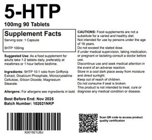 5-HTP 100mg Supplement 90 Tablets UK Made. Pharmaceutical Grade Mood