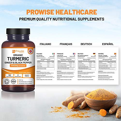 Organic Turmeric Curcumin 1440mg with Black Pepper & Ginger | Certified Organic by Soil Association |120 Vegan Turmeric Capsules High Strength (2 Month Supply) I Made in The UK by Prowise Healthcare at WK Organics UK online shop in: Health & Personal Care