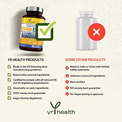 Vegan Vitamin B12 Tablets 1500mcg Methylcobalamin High Strength with Added Folic Acid & Black Pepper - 180 Tablets (6 Month Supply) - Reduction of Tiredness & Fatigue - Made in The UK by YrHealth at WK Organics UK online shop in: Health & Personal Care