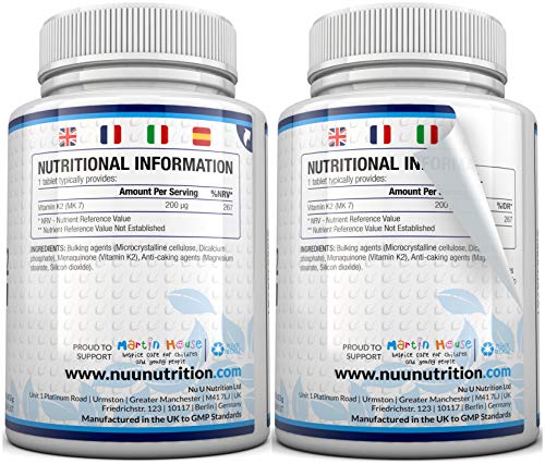 Vitamin K2 MK 7 200mcg - 365 Vegetarian and Vegan Tablets (not Capsules) - One Year Supply of High Strength Vitamin K2 Menaquinone MK7 from Trans-Isomer by Nu U Nutrition at WK Organics UK online shop in: Health & Personal Care