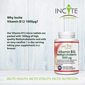Vitamin B12 1000mcg | Methylcobalamin 400 Easy Swallow Vegan Tablets (12+ Month’s Supply) | High Strength Quality Vitamin B12 | Suitable for Vegetarian | Made in The UK by Incite Nutrition® at WK Organics UK online shop in: Health & Personal Care