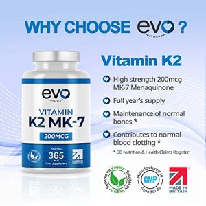 Vitamin K2 MK 7 200mcg | 365 Vegetarian and Vegan Tablets (not Capsules) | One Year Supply of High Strength Vitamin K2 Menaquinone MK7 Produced in the UK by EVO NUTRITION at WK Organics UK online shop in: Health & Personal Care