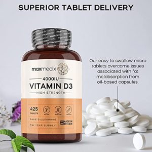 Vitamin D High Strength 4000iu - 425 Vitamin D3 Tablets (1+ Year Supply) - Vitamin D Supplement for Men & Women's Health - Immune System Vitamins Suitable for Vegetarians
