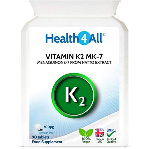 Vitamin K2 MK7 200mcg 90 Tablets (V) Natural MK-7 from natto Fermentation. Vegan High Strength Tablets (not Capsules). Made in The UK by Health4All at WK Organics UK online shop in: Health & Personal Care B