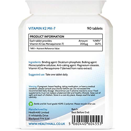 Vitamin K2 MK7 200mcg 90 Tablets (V) Natural MK-7 from natto Fermentation. Vegan High Strength Tablets (not Capsules). Made in The UK by Health4All at WK Organics UK online shop in: Health & Personal Care C