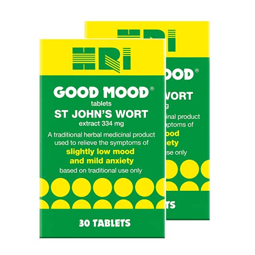HRI Good Mood. 334 Milligrams St Johns Wort Tablets. Strongest Approved Dose on The UK Market - to Relieve The Symptoms of Slightly Low Mood and Mild Anxiety Relief. 2 Packs - 60 Tablets at WK Organics UK online shop in: Health & Personal Care B