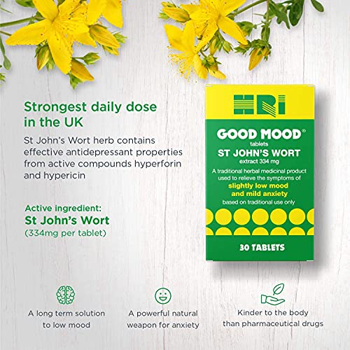 HRI Good Mood. 334 Milligrams St Johns Wort Tablets. Strongest Approved Dose on The UK Market - to Relieve The Symptoms of Slightly Low Mood and Mild Anxiety Relief. 2 Packs - 60 Tablets at WK Organics UK online shop in: Health & Personal Care C