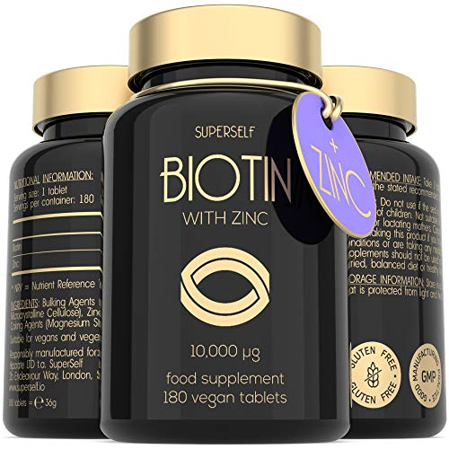 High Strength Biotin Tablets with Zinc - 10000mcg Biotin Tablets for Hair Nails & Skin - 6 Months Supply 180 Capsules 10 000mcg - UK Made & Vegan - Natural Supplement B7 Vitamins for Men and Women at WK Organics UK online shop in: Health & Personal Care B