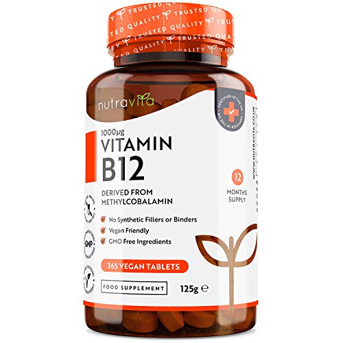 Vitamin B12 1000mcg - 365 High Strength Vegan Tablets (1 Year Supply) - Max Strength B12 Supplement - Contributes to The Reduction of Tiredness and Fatigue - Made in The UK by Nutravita at WK Organics UK online shop in: Health & Personal Care B