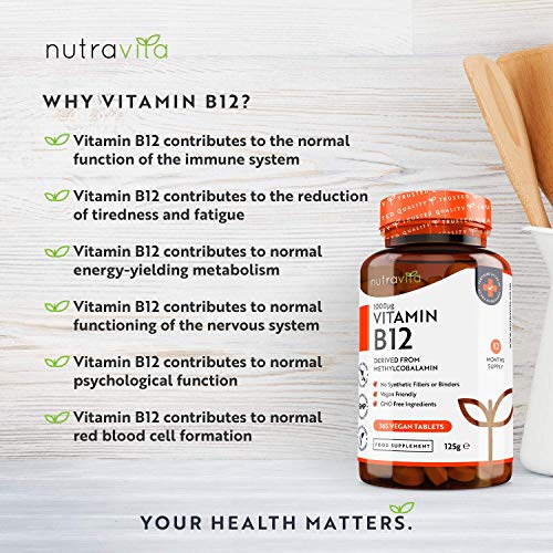 Vitamin B12 1000mcg - 365 High Strength Vegan Tablets (1 Year Supply) - Max Strength B12 Supplement - Contributes to The Reduction of Tiredness and Fatigue - Made in The UK by Nutravita at WK Organics UK online shop in: Health & Personal Care C