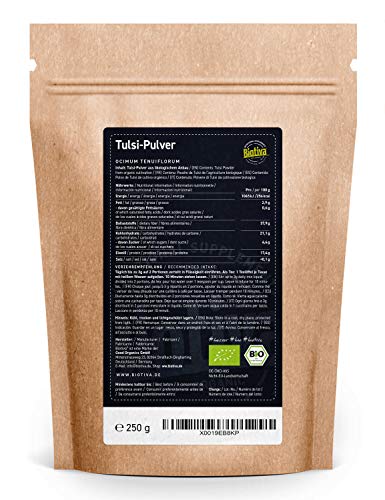 Tulsi Powder Organic 250g - Indian Basil - Ocimum Tenuiflorum - Royal Basil - Vegan - Bottled and Controlled in Germany (DE-ÖKO-005) at WK Organics UK online shop in: Health & Personal Care C