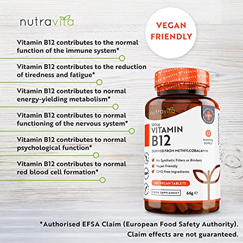 Vitamin B12 Tablets – 365 Vegan Tablets (1 Year Supply) – Methylcobalamin B12 500mcg Supplement – Immune System