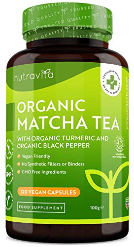 Organic Japanese Matcha Green Tea Extract - Rich Source of Chlorophyll - 120 Vegan Capsules - Boosted with Organic Turmeric & Black Pepper - Matcha Tea Powder Capsules (Alternative to Tablets) at WK Organics UK online shop in: Health & Personal Care B