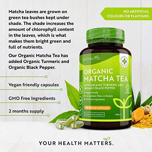 Organic Japanese Matcha Green Tea Extract - Rich Source of Chlorophyll - 120 Vegan Capsules - Boosted with Organic Turmeric & Black Pepper - Matcha Tea Powder Capsules (Alternative to Tablets) at WK Organics UK online shop in: Health & Personal Care C