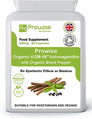 Organic KSM-66 Ashwagandha with Organic Black Pepper 500mg 90 Capsules | Certified Organic by Soil Association | Certified Ashwagandha KSM-66 | UK Made by Prowise Healthcare at WK Organics UK online shop in: Health & Personal Care B