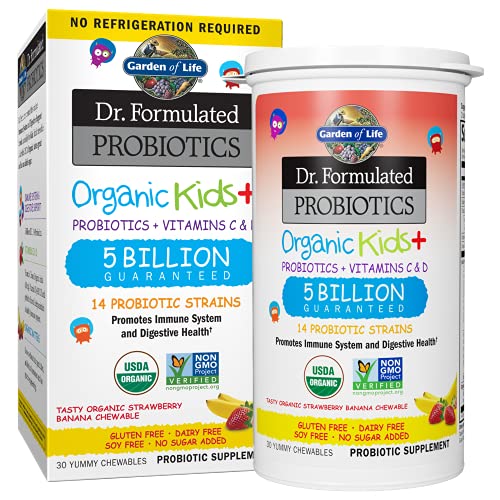Garden of Life - Organic Kids + Dr. Formulated Probiotics with Vitamins C & D Shelf Stable Strawberry Banana 5 Billion CFU - 30 Chewables at WK Organics UK online shop in: Health & Personal Care B