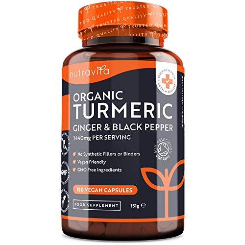 Organic Turmeric 1440mg (High Strength) with Black Pepper & Ginger - 180 Vegan Turmeric Capsules (3 Month Supply) – Organic Turmeric with Active Ingredient Curcumin - Made in The UK by Nutravita at WK Organics UK online shop in: Health & Personal Care B