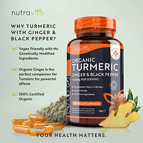 Organic Turmeric 1440mg (High Strength) with Black Pepper & Ginger - 180 Vegan Turmeric Capsules (3 Month Supply) – Organic Turmeric with Active Ingredient Curcumin - Made in The UK by Nutravita at WK Organics UK online shop in: Health & Personal Care C