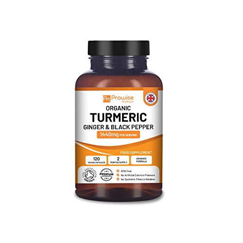 Organic Turmeric Curcumin 1440mg with Black Pepper & Ginger | Certified Organic by Soil Association |120 Vegan Turmeric Capsules High Strength (2 Month Supply) I Made in The UK by Prowise Healthcare at WK Organics UK online shop in: Health & Personal Care B