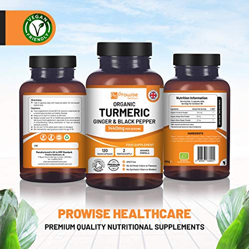 Organic Turmeric Curcumin 1440mg with Black Pepper & Ginger | Certified Organic by Soil Association |120 Vegan Turmeric Capsules High Strength (2 Month Supply) I Made in The UK by Prowise Healthcare at WK Organics UK online shop in: Health & Personal Care C