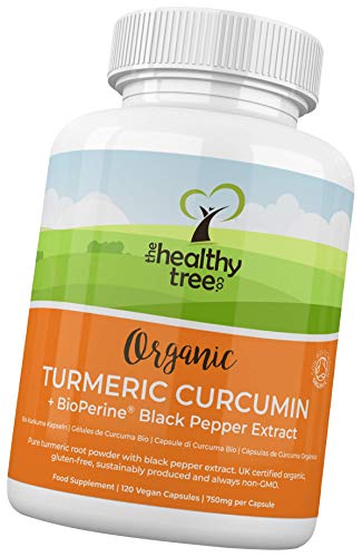 Organic Turmeric Capsules by TheHealthyTree Company - High Strength with BioPerine Black Pepper Extract - Vegan Turmeric Curcumin Root Tablets - 120 x 750mg per Capsule at WK Organics UK online shop in: Health & Personal Care B