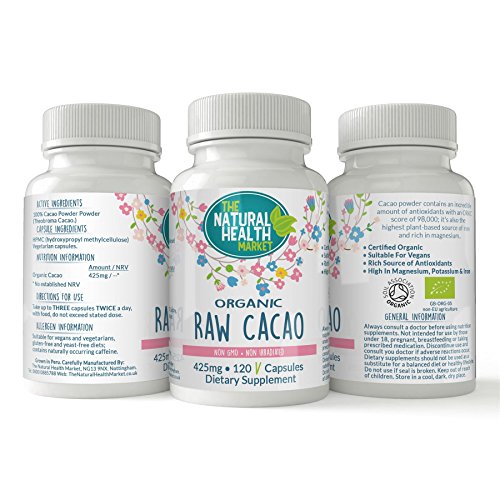 RAW Organic Cacao Capsules 425mg by The Natural Health Market (120 Capsules) at WK Organics UK online shop in: Health & Personal Care B