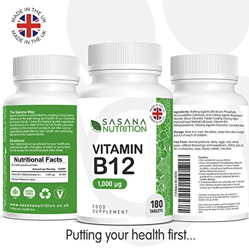 Sasana Nutrition Vitamin B12 Tablets High Strength 1000mcg - 180 Vegan/Vegetarian Tablets 6 Months Supply – B12 Vitamin Manufactured in The UK at WK Organics UK online shop in: Health & Personal Care C