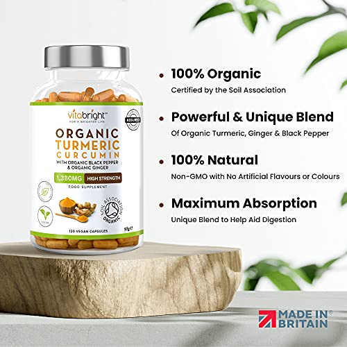 Organic Turmeric Curcumin 1380mg with Organic Black Pepper & Organic Ginger - 120 Vegan Capsules - High Strength Tumeric Supplements - Certified Organic with Active Curcumin - Made in The UK at WK Organics UK online shop in: Health & Personal Care C