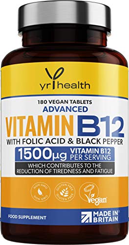 Vegan Vitamin B12 Tablets 1500mcg Methylcobalamin High Strength with Added Folic Acid & Black Pepper - 180 Tablets (6 Month Supply) - Reduction of Tiredness & Fatigue - Made in The UK by YrHealth at WK Organics UK online shop in: Health & Personal Care B