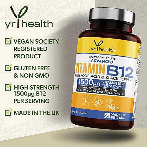 Vegan Vitamin B12 Tablets 1500mcg Methylcobalamin High Strength with Added Folic Acid & Black Pepper - 180 Tablets (6 Month Supply) - Reduction of Tiredness & Fatigue - Made in The UK by YrHealth at WK Organics UK online shop in: Health & Personal Care C