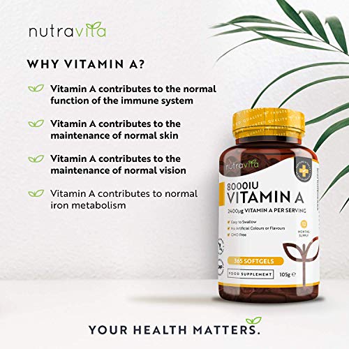 Eyes & Immune System – No Soybean or Fish Liver Oil – 2400μg Vitamin A Capsules not Tablets – Made in The UK by Nutravita at WK Organics UK online shop in: Health & Personal Care