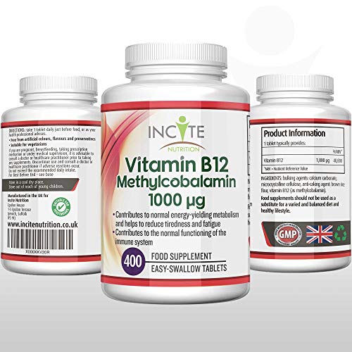 Vitamin B12 1000mcg | Methylcobalamin 400 Easy Swallow Vegan Tablets (12+ Month’s Supply) | High Strength Quality Vitamin B12 | Suitable for Vegetarian | Made in The UK by Incite Nutrition® at WK Organics UK online shop in: Health & Personal Care C