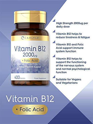 Vitamin B12 2000mcg | 400 Vegan Tablets| + Folic Acid | Pure Methylcobalamin B12 Supplement | Immune System