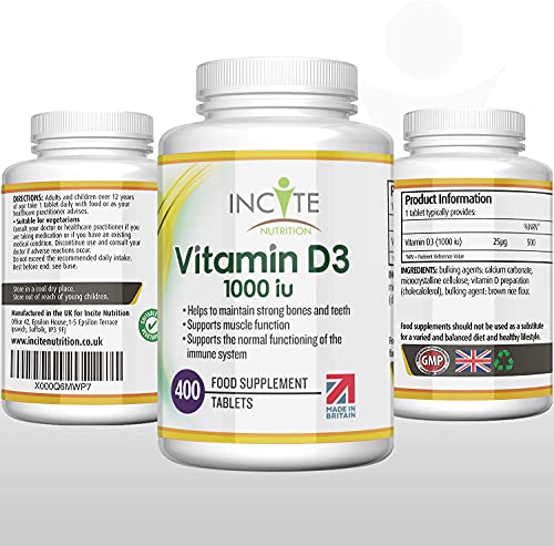 Vitamin D 1000iu - 400 Premium Vitamin D3 Easy-Swallow Micro Tablets - One a Day High Strength Cholecalciferol VIT D3 - Vegetarian Supplement - Made in The UK by Incite Nutrition at WK Organics UK online shop in: Health & Personal Care C