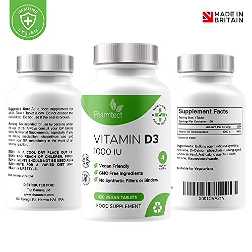 Vitamin D 1000iu - Premium Vitamin D3 Easy-Swallow Micro Tablets - One a Day High Strength Cholecalciferol VIT D3 - Vegetarian Supplement - Made in The UK by Pharmtect at WK Organics UK online shop in: Health & Personal Care C