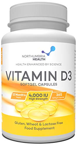 Vitamin D 4000 IU | Maximum Strength |365 Easy to Swallow Softgels | A Years Supply | High Strength Vitamin D3 | Manufactured in The UK by Northumbria Health at WK Organics UK online shop in: Health & Personal Care B