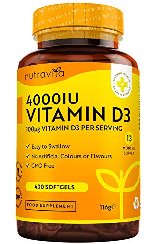 Vitamin D 4000 iu - 400 High Strength Easy to Swallow Premium Softgels - Over A Year's Supply (One a Day) - Maximum Strength Vitamin D3 Cholecalciferol Supplement - Manufactured in The UK by Nutravita at WK Organics UK online shop in: Health & Personal Care B