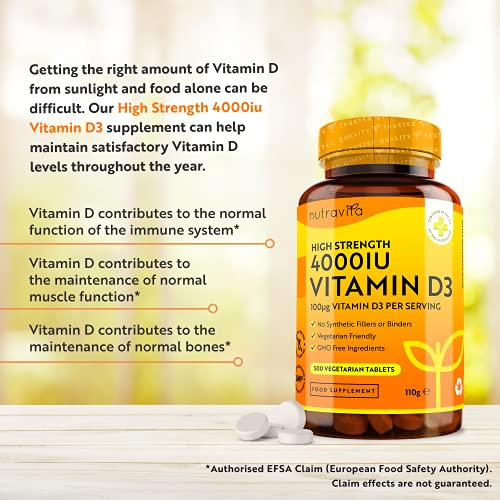 Vitamin D 4000 iu Maximum Strength - 500 Vegetarian Micro Tablets (16 Month Supply) - High Strength VIT D3 - Vitamin D3 Supports Bone Health and Your Immune System - Made in The UK by Nutravita at WK Organics UK online shop in: Health & Personal Care C
