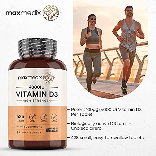 Vitamin D High Strength 4000iu - 425 Vitamin D3 Tablets (1+ Year Supply) - Vitamin D Supplement for Men & Women's Health - Immune System Vitamins Suitable for Vegetarians