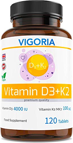 Vitamin D3 4000IU Plus Vitamin K2 MK7 100mcg - 4 Month Supply 120 Tablets - Vitamin D3 and K2 – High-Strength Cholecalciferol - Non-GMO - Allergen-Free - Made in The UK at WK Organics UK online shop in: Health & Personal Care B