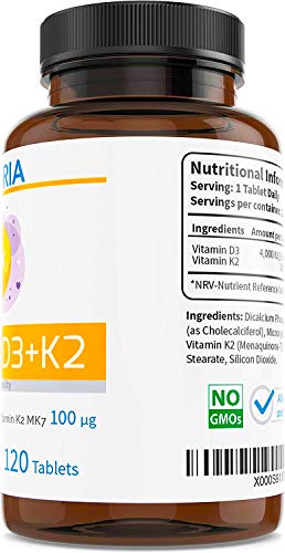 Vitamin D3 4000IU Plus Vitamin K2 MK7 100mcg - 4 Month Supply 120 Tablets - Vitamin D3 and K2 – High-Strength Cholecalciferol - Non-GMO - Allergen-Free - Made in The UK at WK Organics UK online shop in: Health & Personal Care C