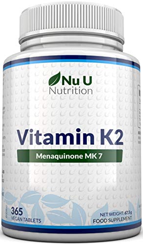 Vitamin K2 MK 7 200mcg - 365 Vegetarian and Vegan Tablets (not Capsules) - One Year Supply of High Strength Vitamin K2 Menaquinone MK7 from Trans-Isomer by Nu U Nutrition at WK Organics UK online shop in: Health & Personal Care B