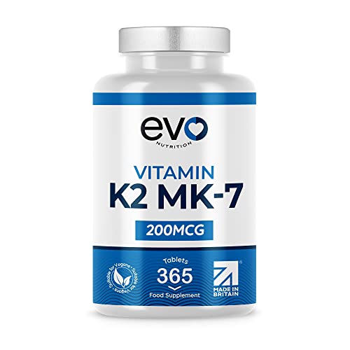 Vitamin K2 MK 7 200mcg | 365 Vegetarian and Vegan Tablets (not Capsules) | One Year Supply of High Strength Vitamin K2 Menaquinone MK7 Produced in the UK by EVO NUTRITION at WK Organics UK online shop in: Health & Personal Care B