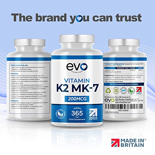 Vitamin K2 MK 7 200mcg | 365 Vegetarian and Vegan Tablets (not Capsules) | One Year Supply of High Strength Vitamin K2 Menaquinone MK7 Produced in the UK by EVO NUTRITION at WK Organics UK online shop in: Health & Personal Care C